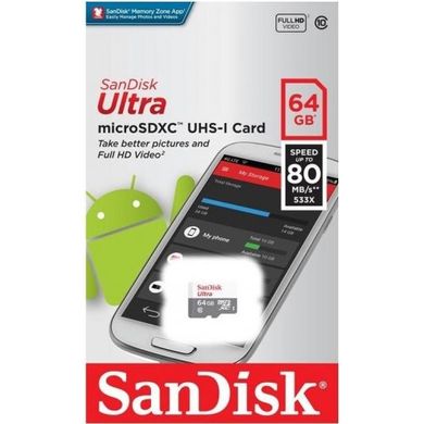 Карта памяти SanDisk microSDXC Ultra 64GB Class 10 (без адаптера) (SDSQUNR-064G-GN3MN)