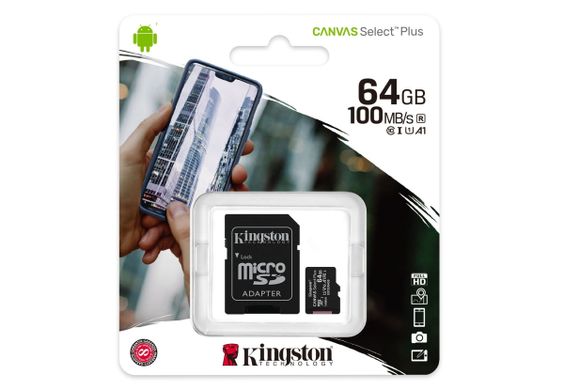 Карта памяти Kingston 64GB microSDXC Canvas Select Plus 100R A1 C10 + adapter